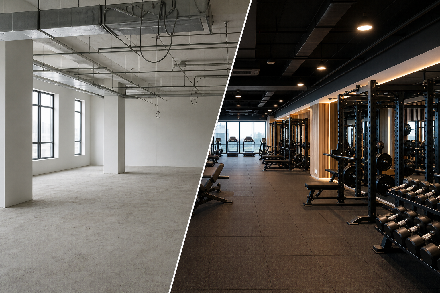 Conceptual before and after commercial gym build
