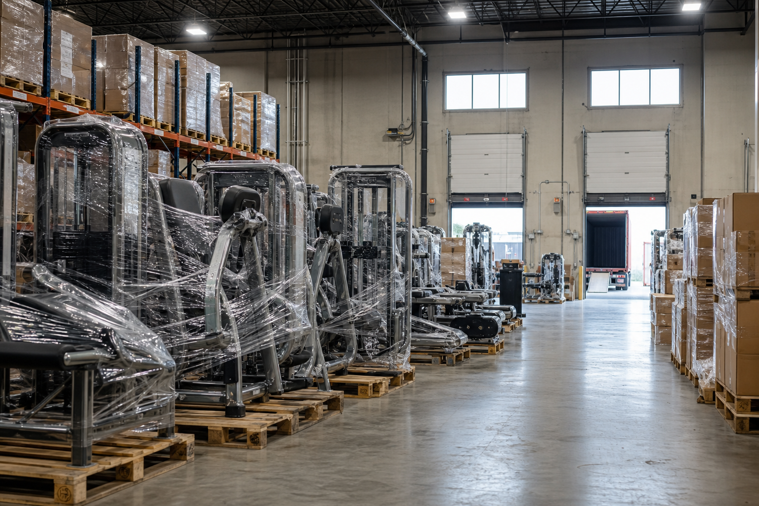 Warehouse operations with commercial gym equipment