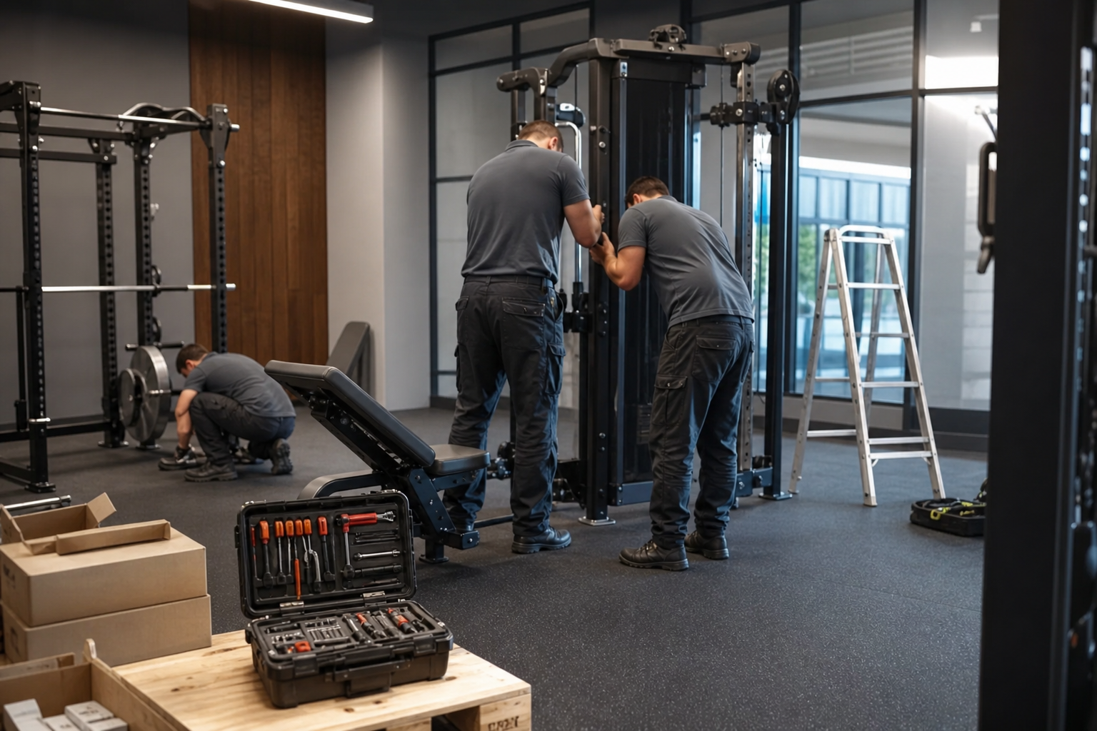 Installation team assembling commercial equipment
