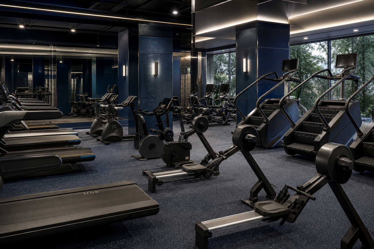 Commercial cardio area with treadmills bikes rowers and stair climbers