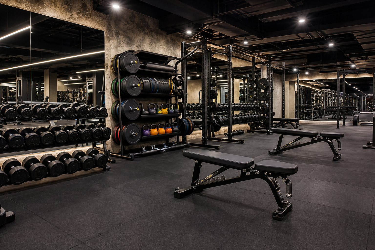 Premium dumbbells kettlebells and Olympic plates in a free weight zone