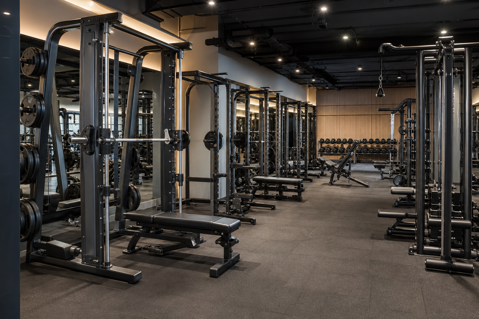 Commercial strength equipment with racks benches and functional trainers