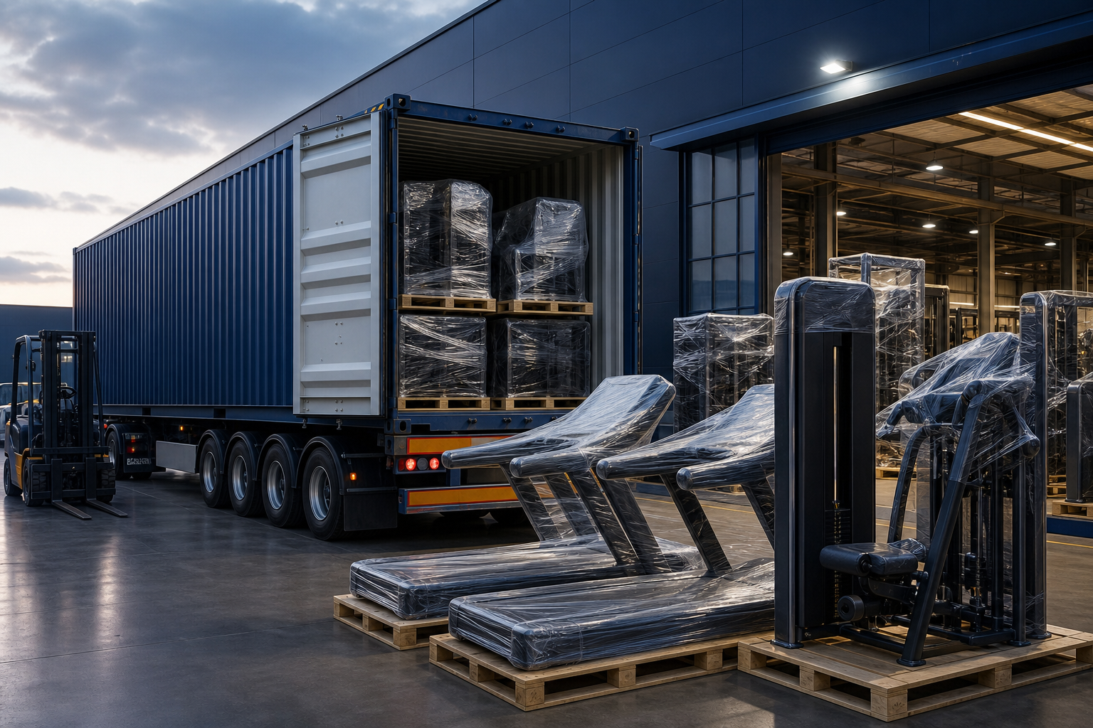 Commercial fitness equipment prepared for container export