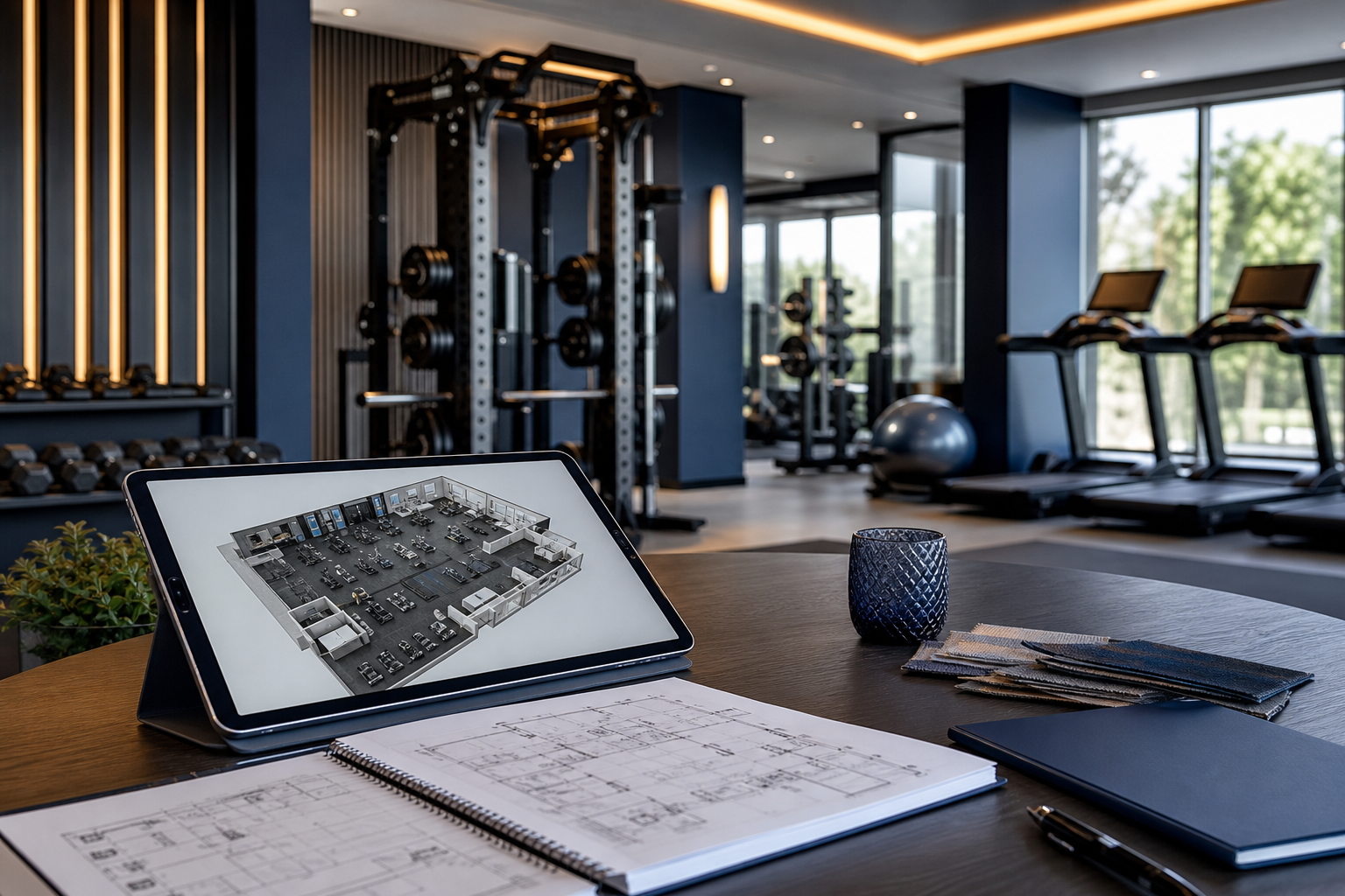 Modern gym design planning with a tablet and facility layout