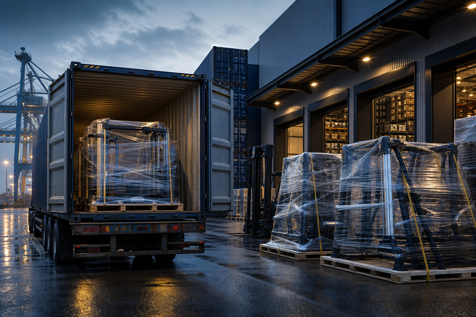 Wrapped commercial gym equipment pallets near a loading dock