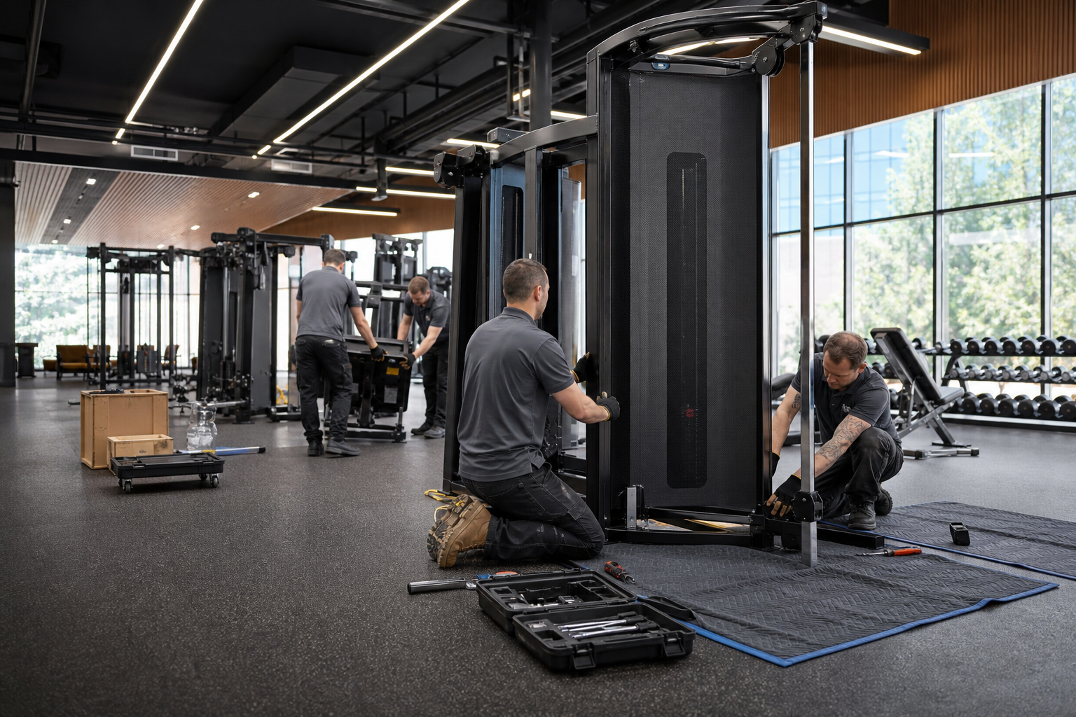 Technicians installing commercial strength equipment